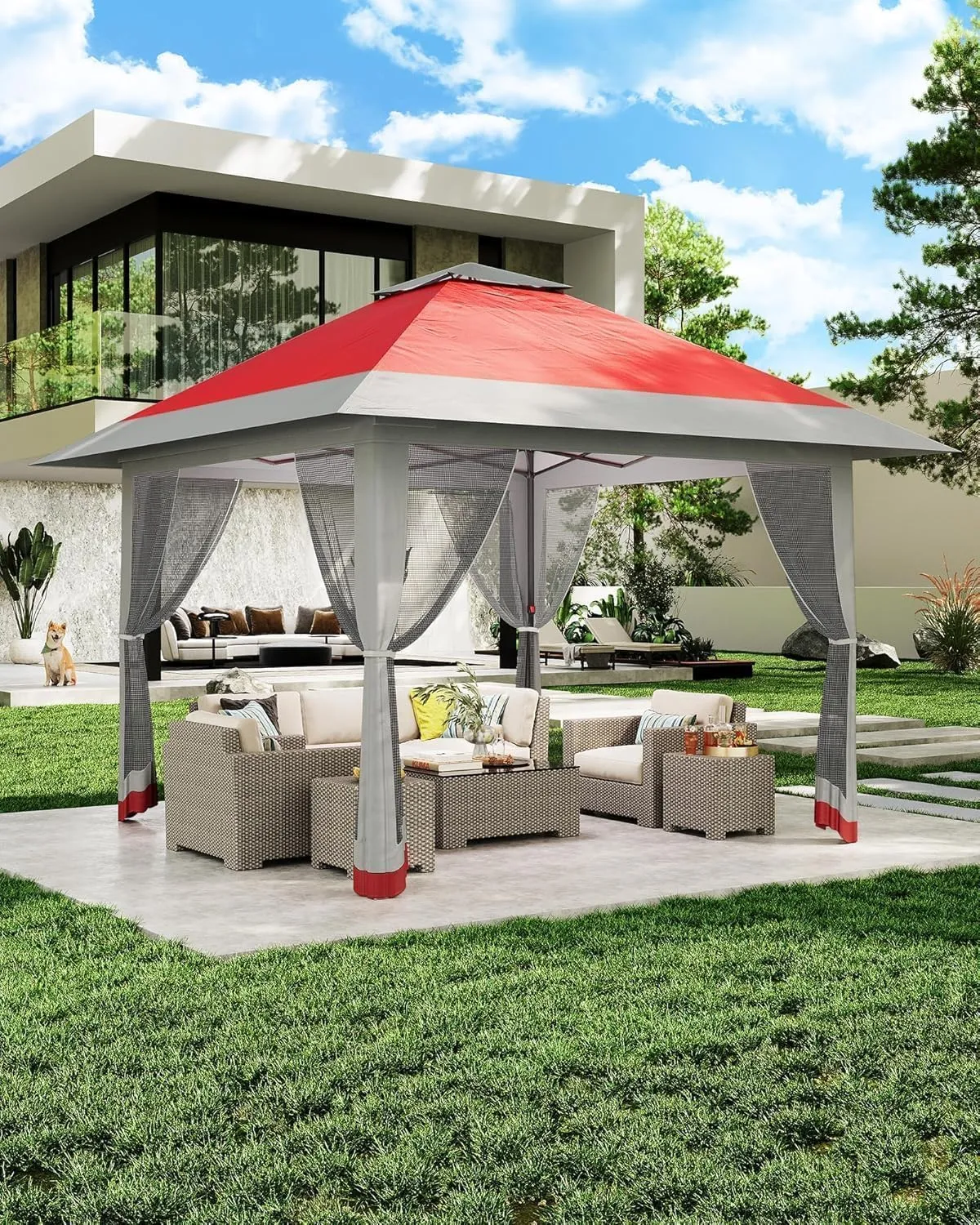 13x13FT Pop-Up Gazebo, Instant Canopy Gazebo with Mosquito Net & Double Roof, Adjustable Height Canopy Tent,with Waterproof and Ultraviolet Double Roof for Backyard, Garden, Lawn and Deck
