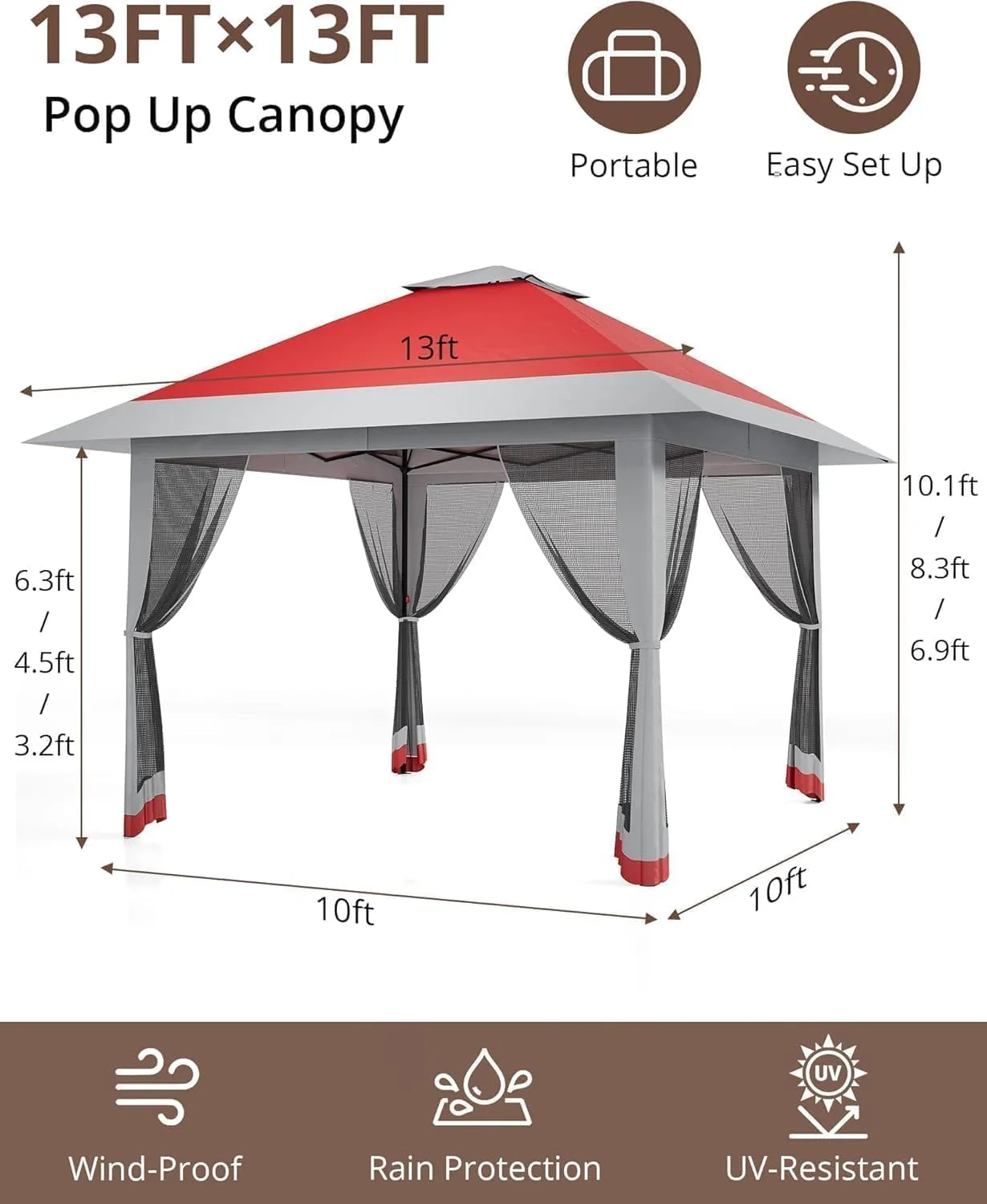 13x13FT Pop-Up Gazebo, Instant Canopy Gazebo with Mosquito Net & Double Roof, Adjustable Height Canopy Tent,with Waterproof and Ultraviolet Double Roof for Backyard, Garden, Lawn and Deck