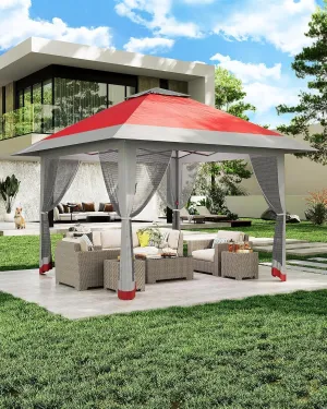 13x13FT Pop-Up Gazebo, Instant Canopy Gazebo with Mosquito Net & Double Roof, Adjustable Height Canopy Tent,with Waterproof and Ultraviolet Double Roof for Backyard, Garden, Lawn and Deck