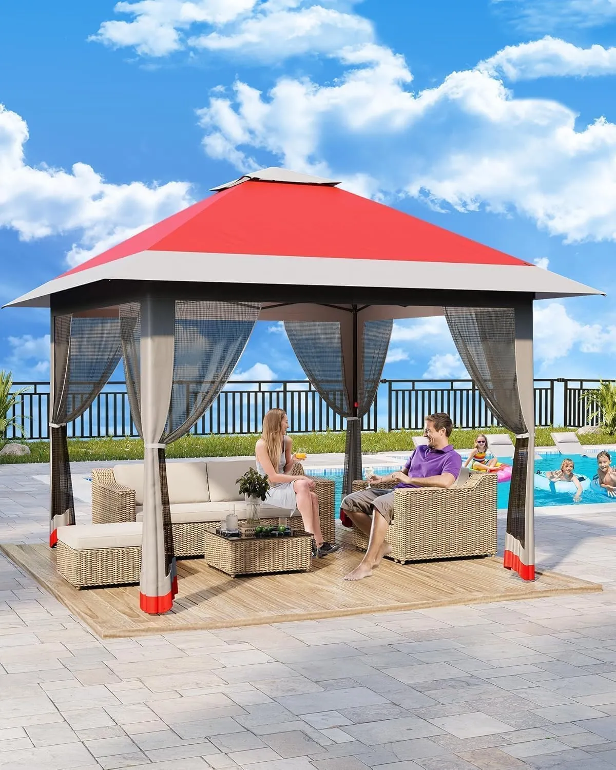 13x13FT Pop-Up Gazebo, Instant Canopy Gazebo with Mosquito Net & Double Roof, Adjustable Height Canopy Tent,with Waterproof and Ultraviolet Double Roof for Backyard, Garden, Lawn and Deck