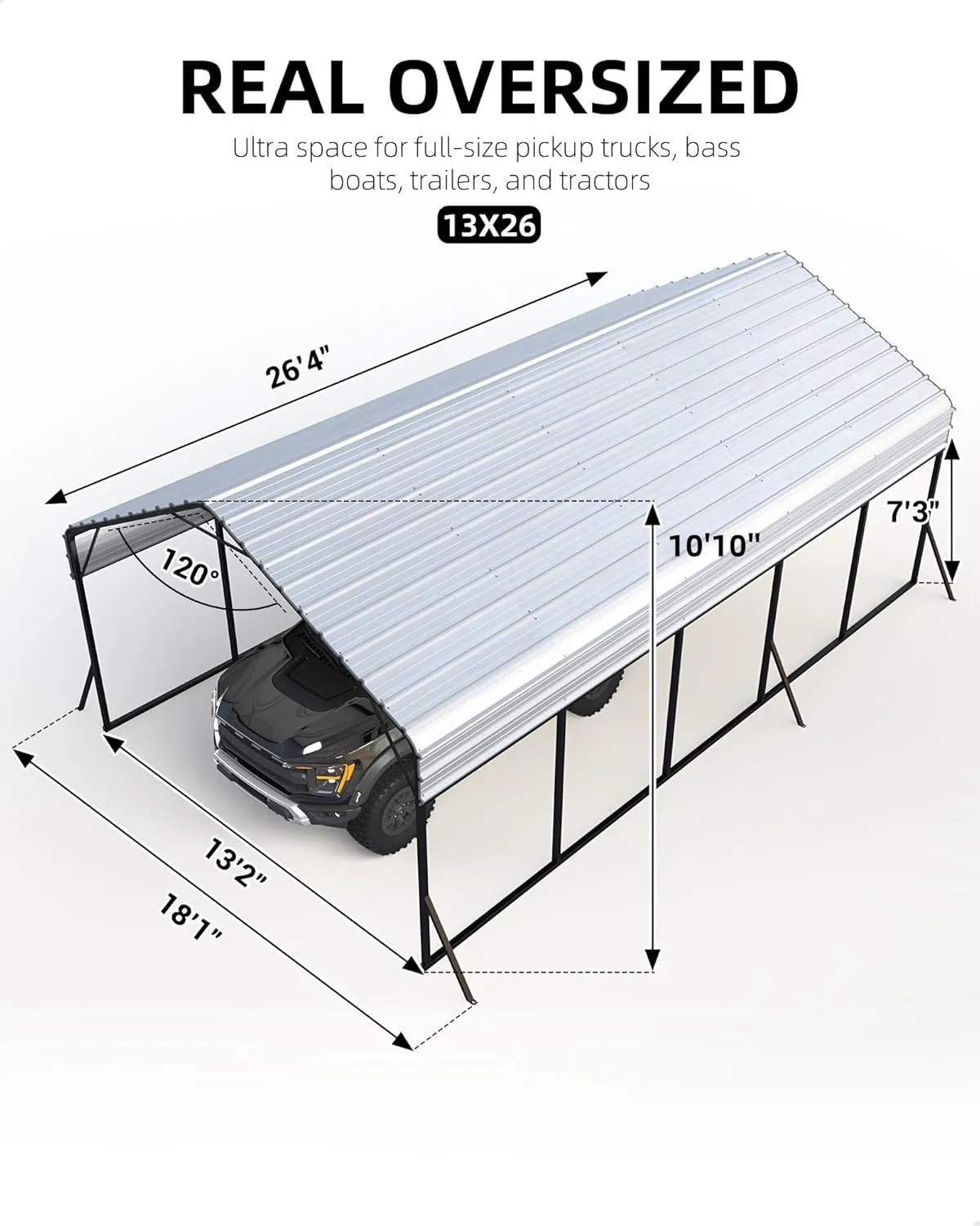 13'x26'x11' Oversized Metal Carport, Steel Heavy Duty Carport for All-Weather, Permanent Shelter for Full-Size Pickup Trucks, Boats, and Tractors, N.W. 780 Lbs