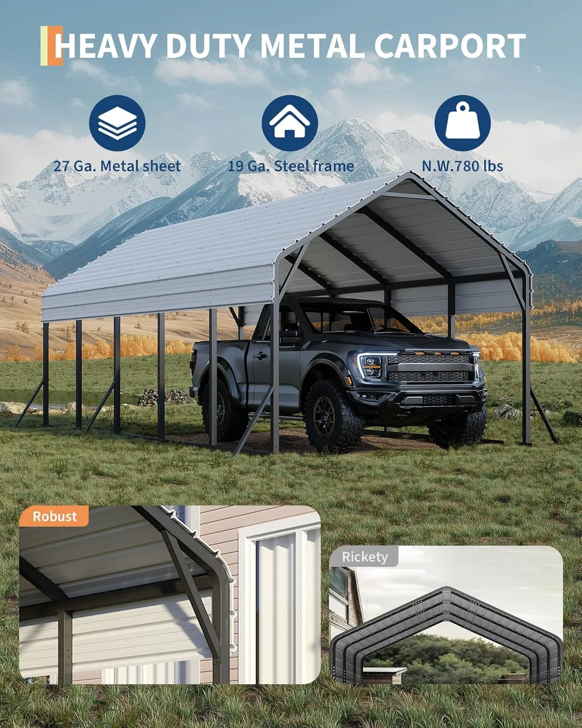 13'x26'x11' Oversized Metal Carport, Steel Heavy Duty Carport for All-Weather, Permanent Shelter for Full-Size Pickup Trucks, Boats, and Tractors, N.W. 780 Lbs