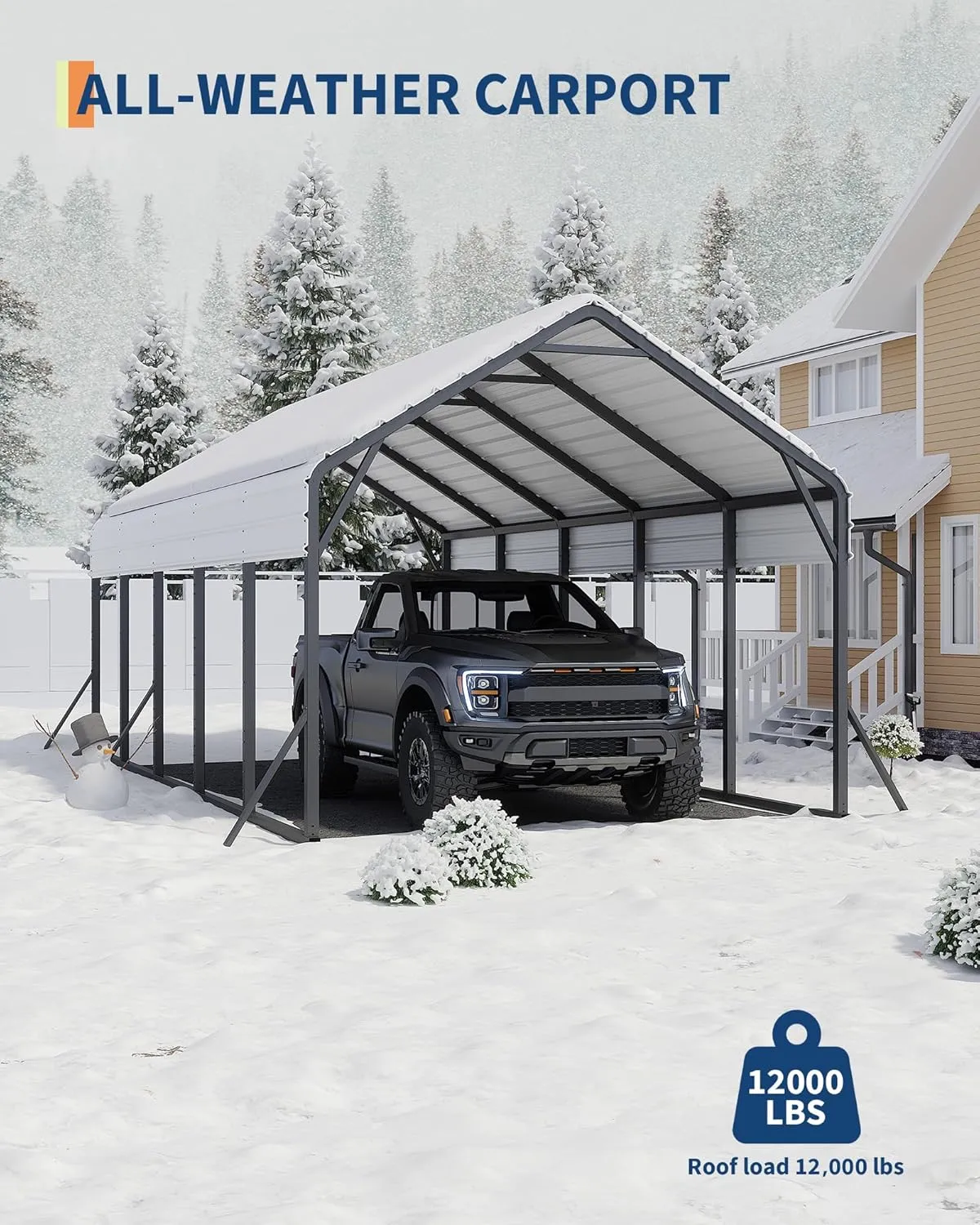 13'x26'x11' Oversized Metal Carport, Steel Heavy Duty Carport for All-Weather, Permanent Shelter for Full-Size Pickup Trucks, Boats, and Tractors, N.W. 780 Lbs