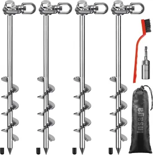 14" Ground Anchors with a Hex Head and 360° Swivel Adjustment (4Pack), Tent Stakes Heavy Duty for Trampolines, Mobile Homes, Swing Sets, Sheds, Carports, and Securing Animals - Chrome Plated