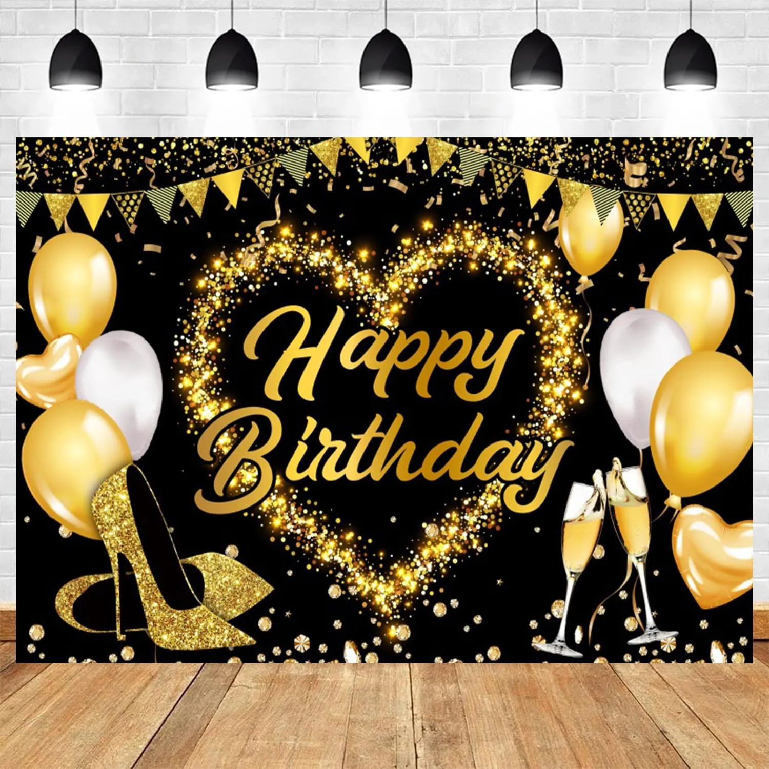 15x10ft Happy Birthday Backdrop Golden High Heels Glitter Diamond Photography Background Women Girls Birthday Party Banner Decorations Kids Adults Portrait Photo Booth Prop