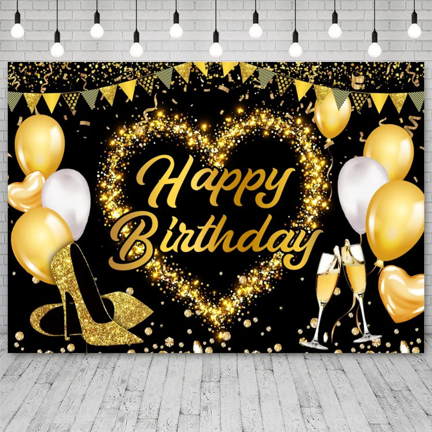 15x10ft Happy Birthday Backdrop Golden High Heels Glitter Diamond Photography Background Women Girls Birthday Party Banner Decorations Kids Adults Portrait Photo Booth Prop
