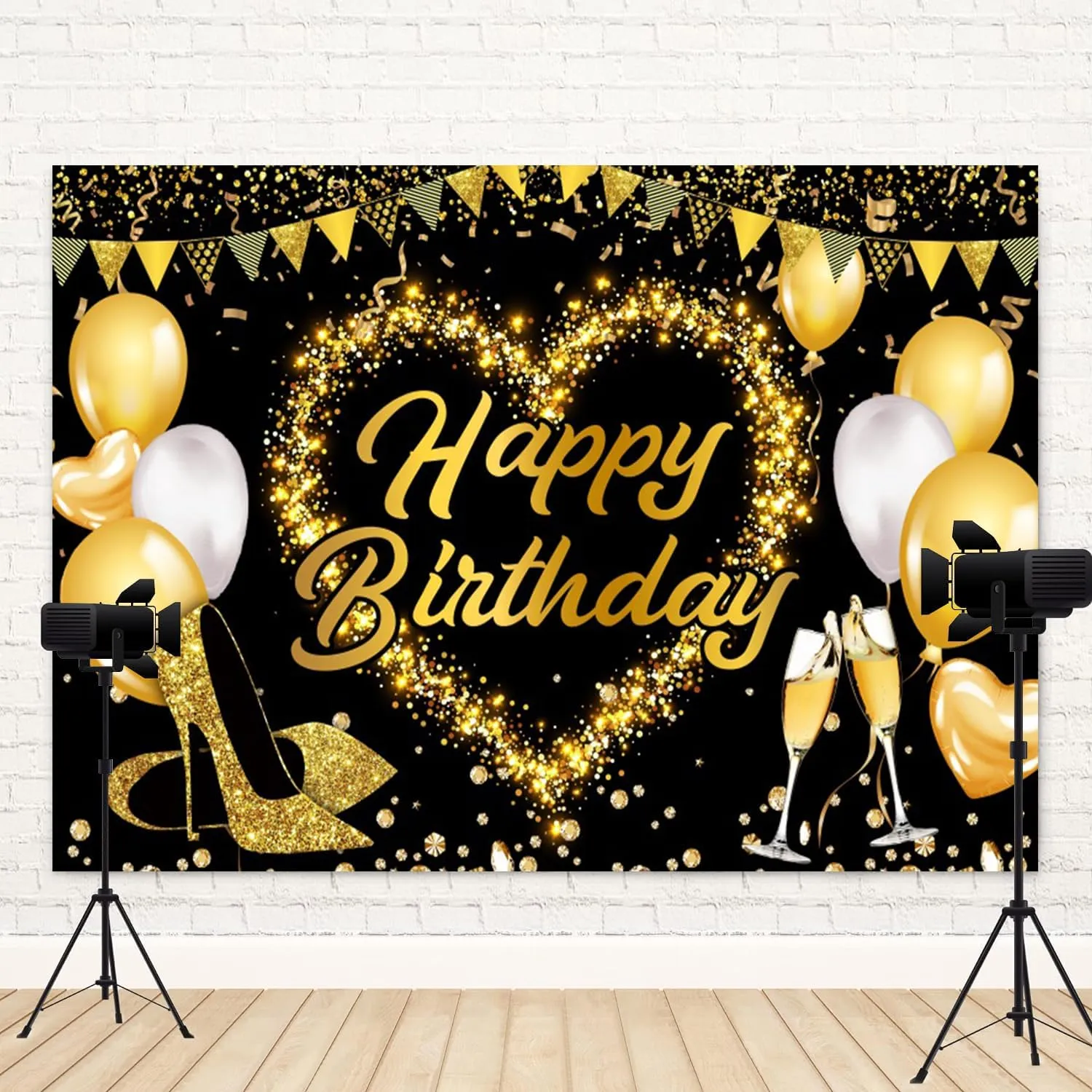 15x10ft Happy Birthday Backdrop Golden High Heels Glitter Diamond Photography Background Women Girls Birthday Party Banner Decorations Kids Adults Portrait Photo Booth Prop