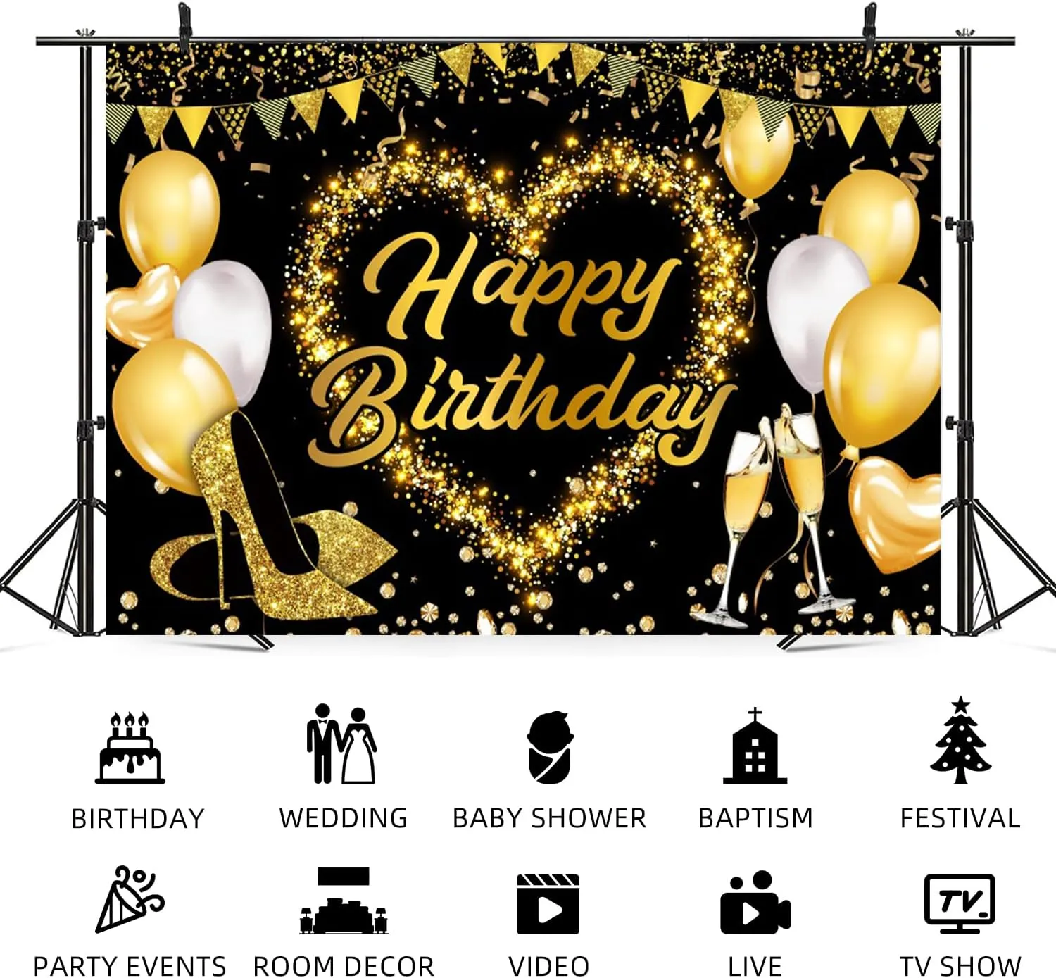 15x10ft Happy Birthday Backdrop Golden High Heels Glitter Diamond Photography Background Women Girls Birthday Party Banner Decorations Kids Adults Portrait Photo Booth Prop