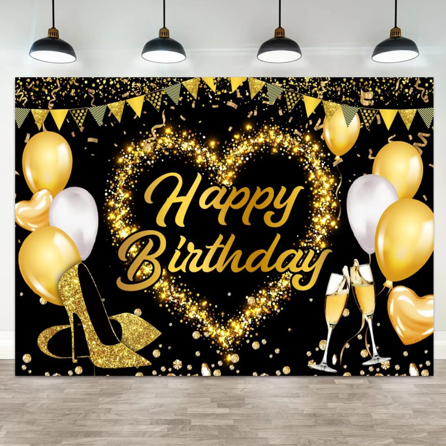 15x10ft Happy Birthday Backdrop Golden High Heels Glitter Diamond Photography Background Women Girls Birthday Party Banner Decorations Kids Adults Portrait Photo Booth Prop