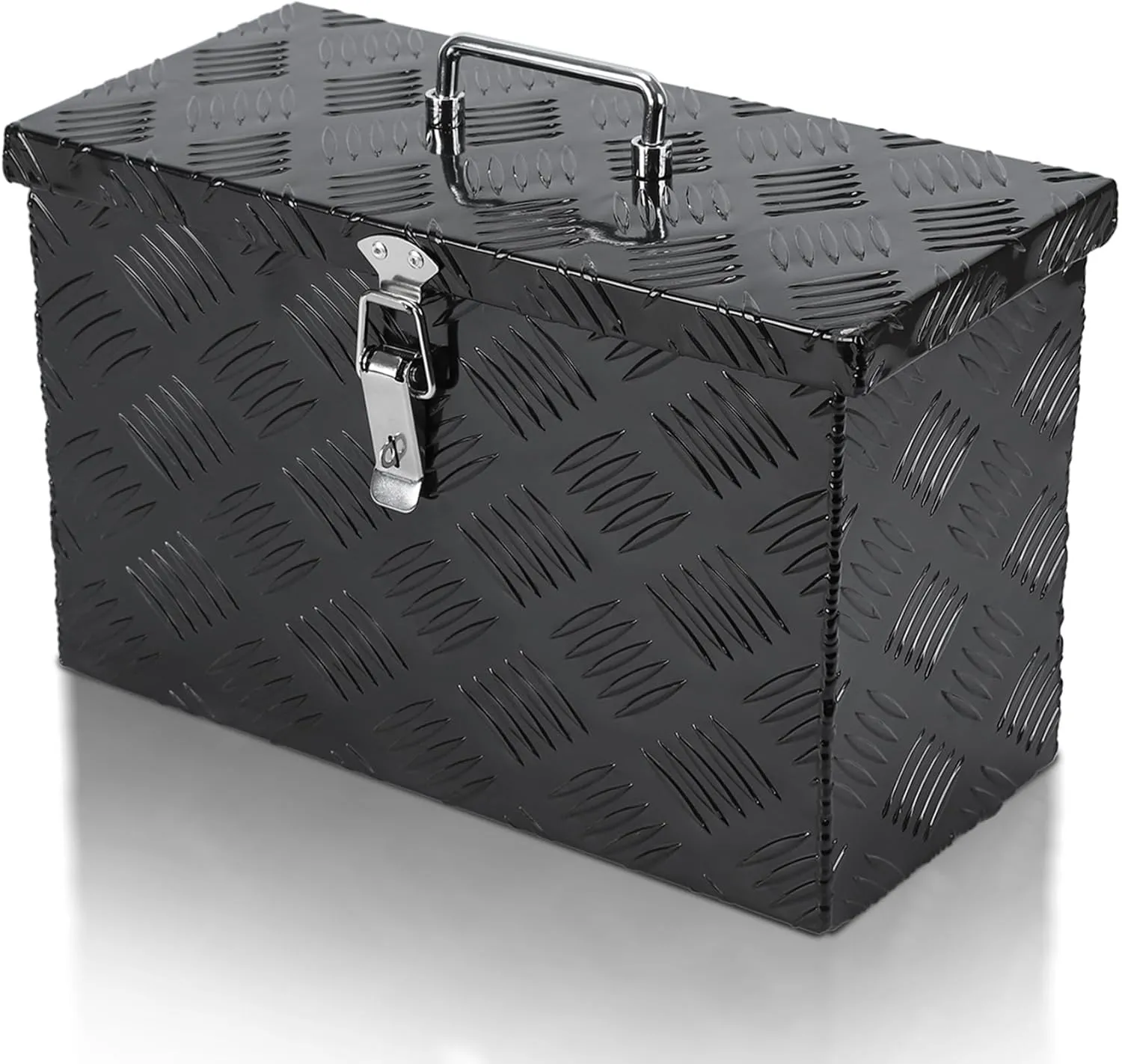 16 Inch Truck Tool Box, Aluminum 16"X7.5"X10" Small Truck Storage Box with Top Handle, Heavy Duty Lockable Toolbox for Pickup,Truck Bed, RV, Trailer, Car, 5 Bar Tread Pattern, Black