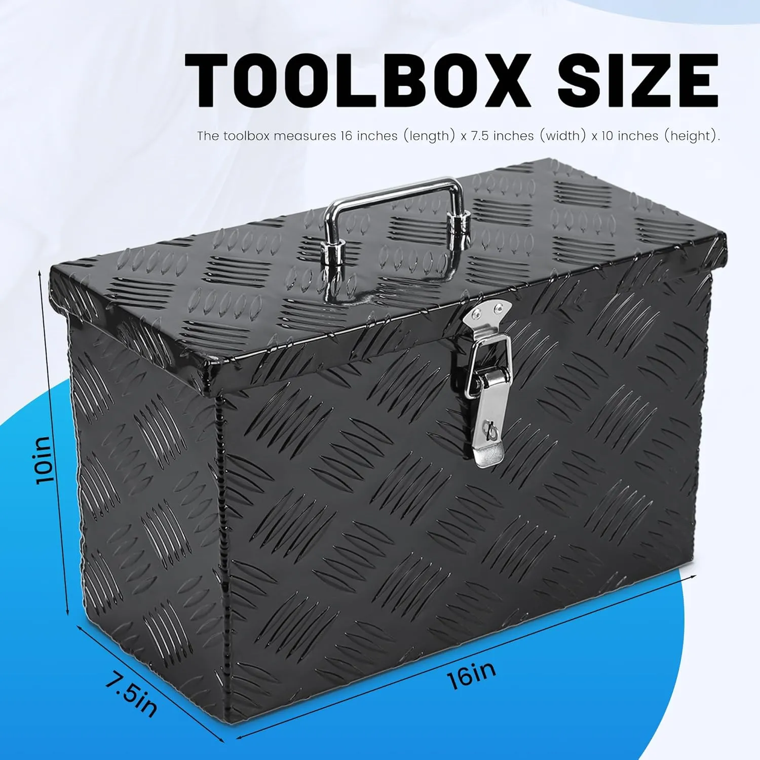 16 Inch Truck Tool Box, Aluminum 16"X7.5"X10" Small Truck Storage Box with Top Handle, Heavy Duty Lockable Toolbox for Pickup,Truck Bed, RV, Trailer, Car, 5 Bar Tread Pattern, Black