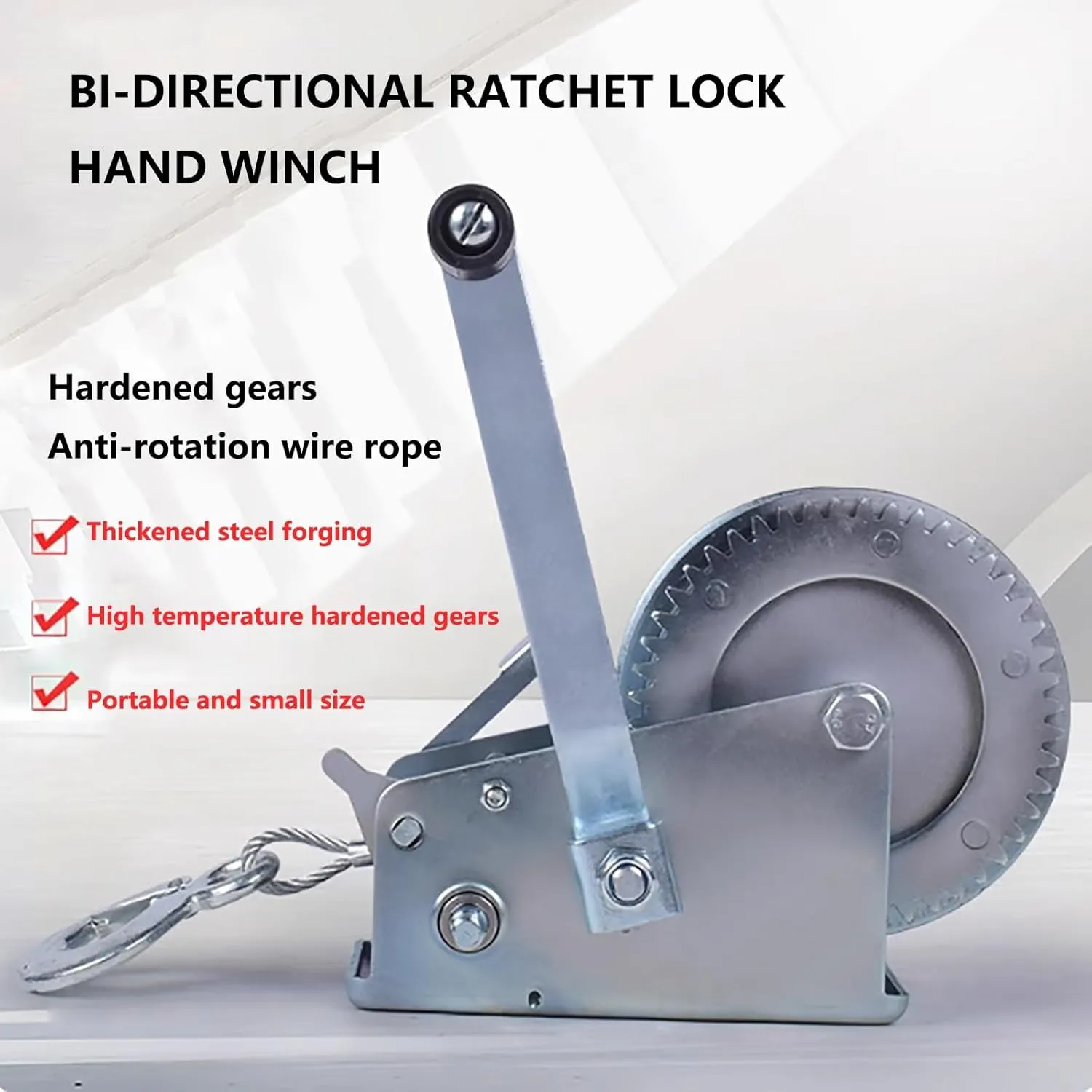 1650 kg/3600 lb. Heavy Duty Marine Trailer Winch with 8 m/26.2 ft. Wire Rope, Hardened Steel Gear with 8:1 Gear Ratio Crank Small Winch for Marine Motorboat Trailer Winch(1650kg/3600lb)