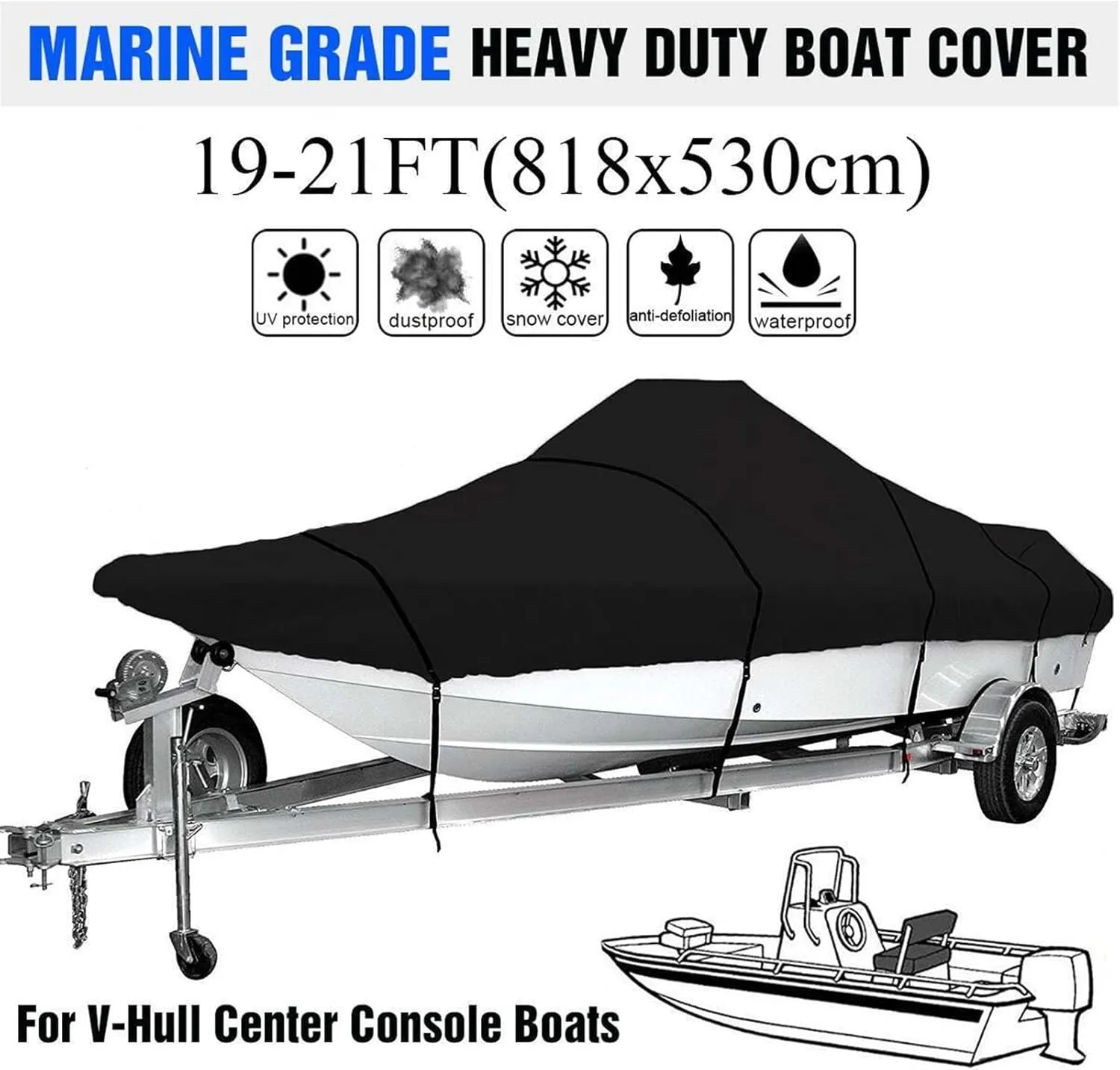 17ft-25ft Heavy-Duty V-Hull Center Console Boat Cover 600D Waterproof Trailerable V-Hull Boat Shelter Canopy Dust-Proof Anti-UV(19-21ft)
