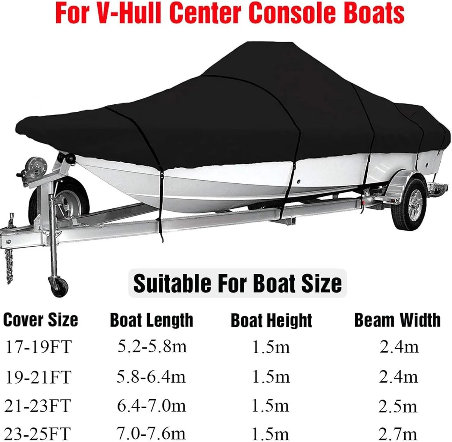 17ft-25ft Heavy-Duty V-Hull Center Console Boat Cover 600D Waterproof Trailerable V-Hull Boat Shelter Canopy Dust-Proof Anti-UV(23-25ft)