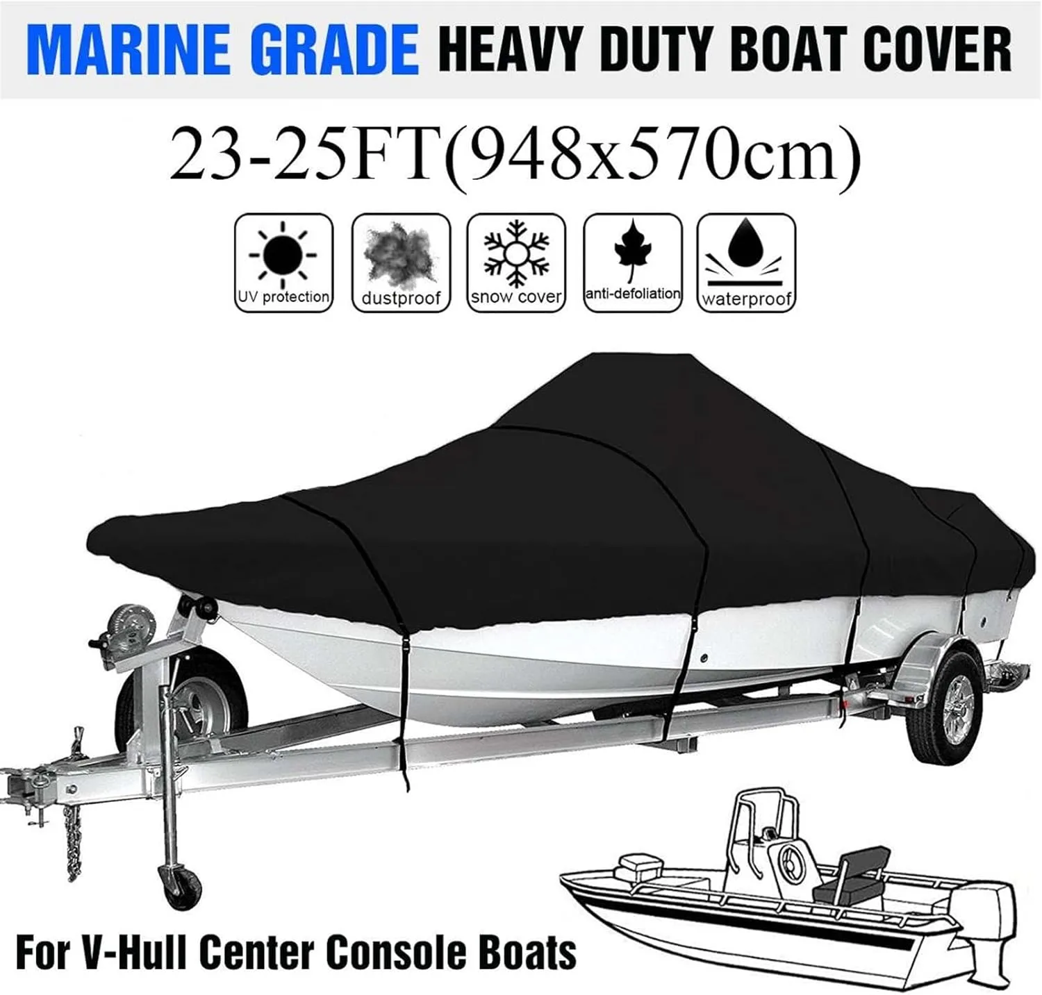 17ft-25ft Heavy-Duty V-Hull Center Console Boat Cover 600D Waterproof Trailerable V-Hull Boat Shelter Canopy Dust-Proof Anti-UV(23-25ft)