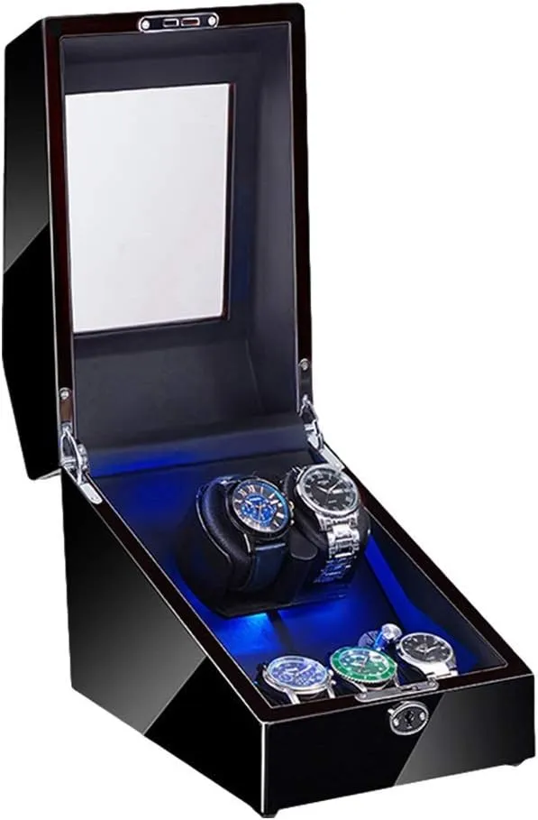 2 3 Automatic Watch Winder with LED Illumination Watch Winder Box Piano Paint Exterior Soft Flexible Watch Pillow Dual Power Supply Accessories，Black
