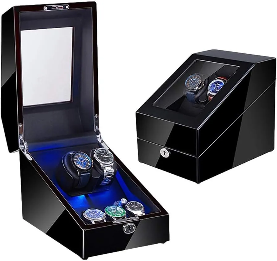 2 3 Automatic Watch Winder with LED Illumination Watch Winder Box Piano Paint Exterior Soft Flexible Watch Pillow Dual Power Supply Accessories，Black