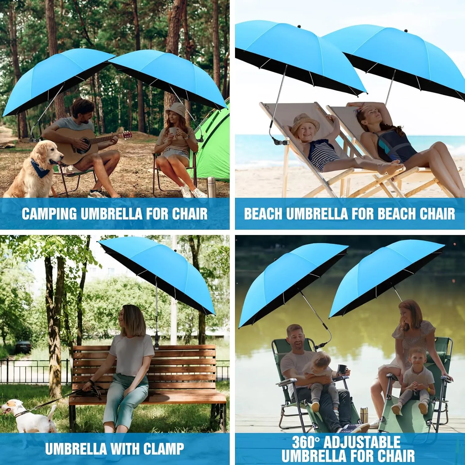 2 PACK Beach Umbrella with Clamp, 360 ° Adjustable Umbrellas for Chair, UPF50  Umbrella for Beach Chair, Patio Chair, Wheelchair, Camping Chair, Golf Carts (Chair Not Included)