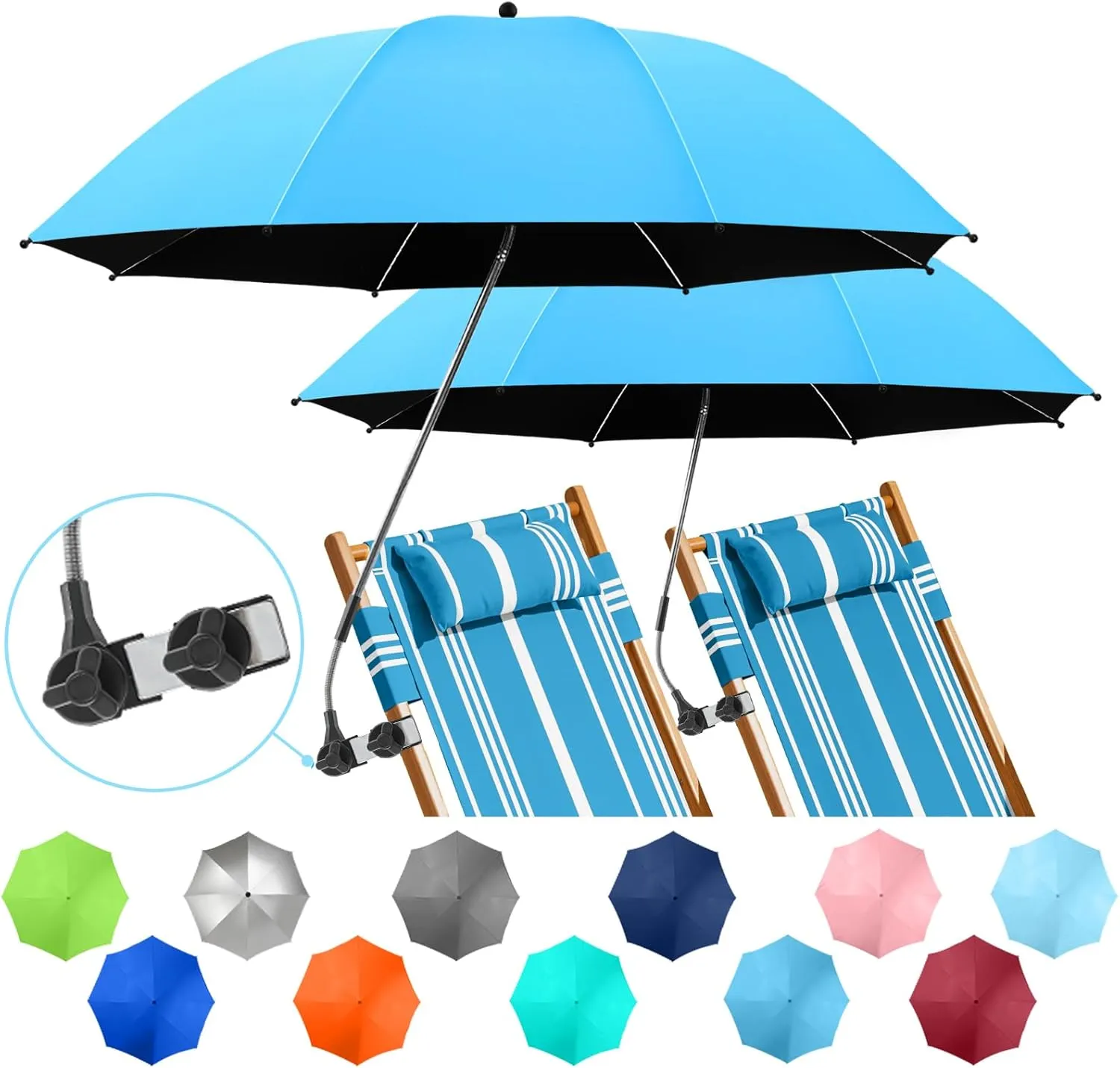 2 PACK Beach Umbrella with Clamp, 360 ° Adjustable Umbrellas for Chair, UPF50  Umbrella for Beach Chair, Patio Chair, Wheelchair, Camping Chair, Golf Carts (Chair Not Included)