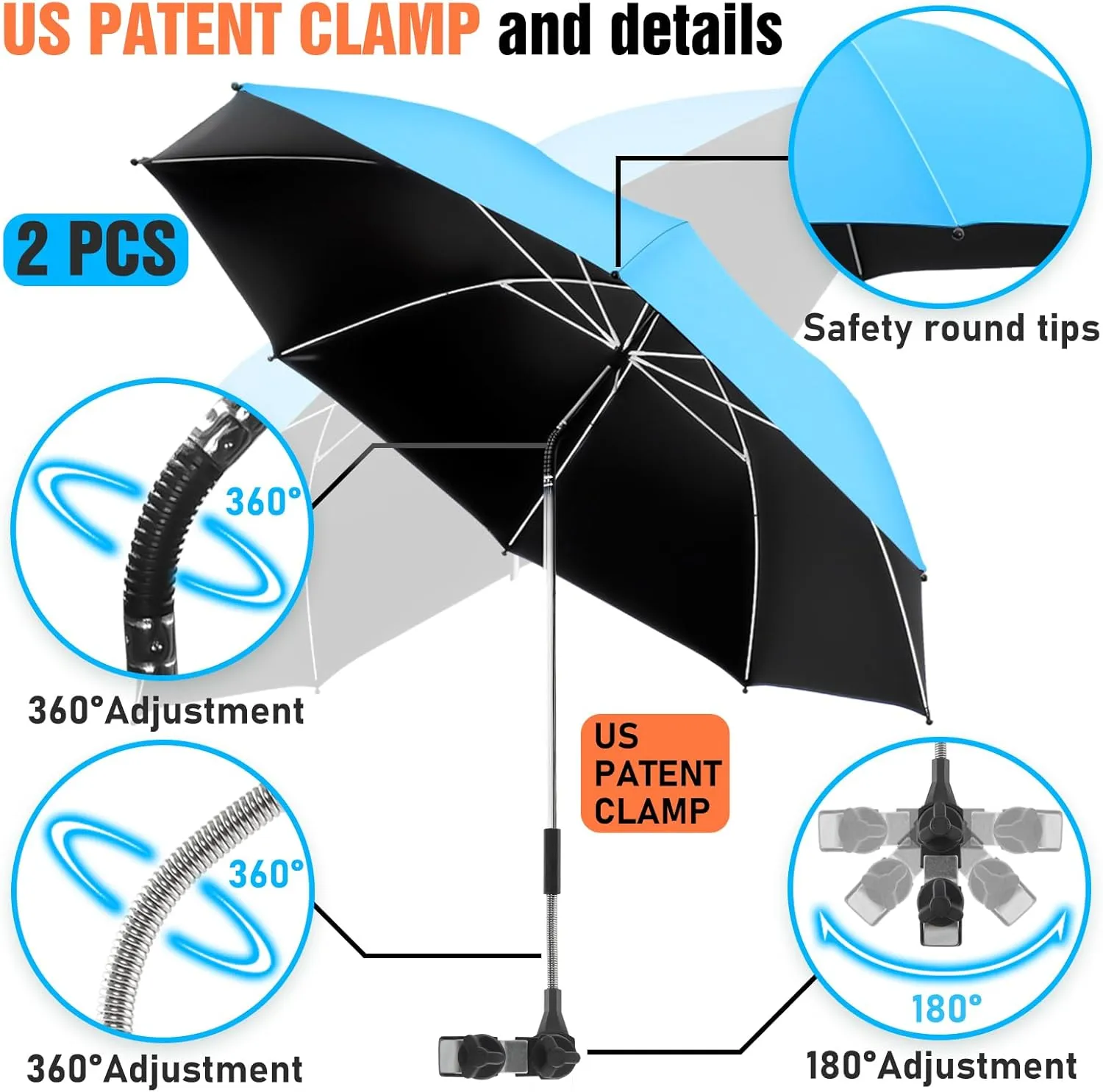 2 PACK Beach Umbrella with Clamp, 360 ° Adjustable Umbrellas for Chair, UPF50  Umbrella for Beach Chair, Patio Chair, Wheelchair, Camping Chair, Golf Carts (Chair Not Included)
