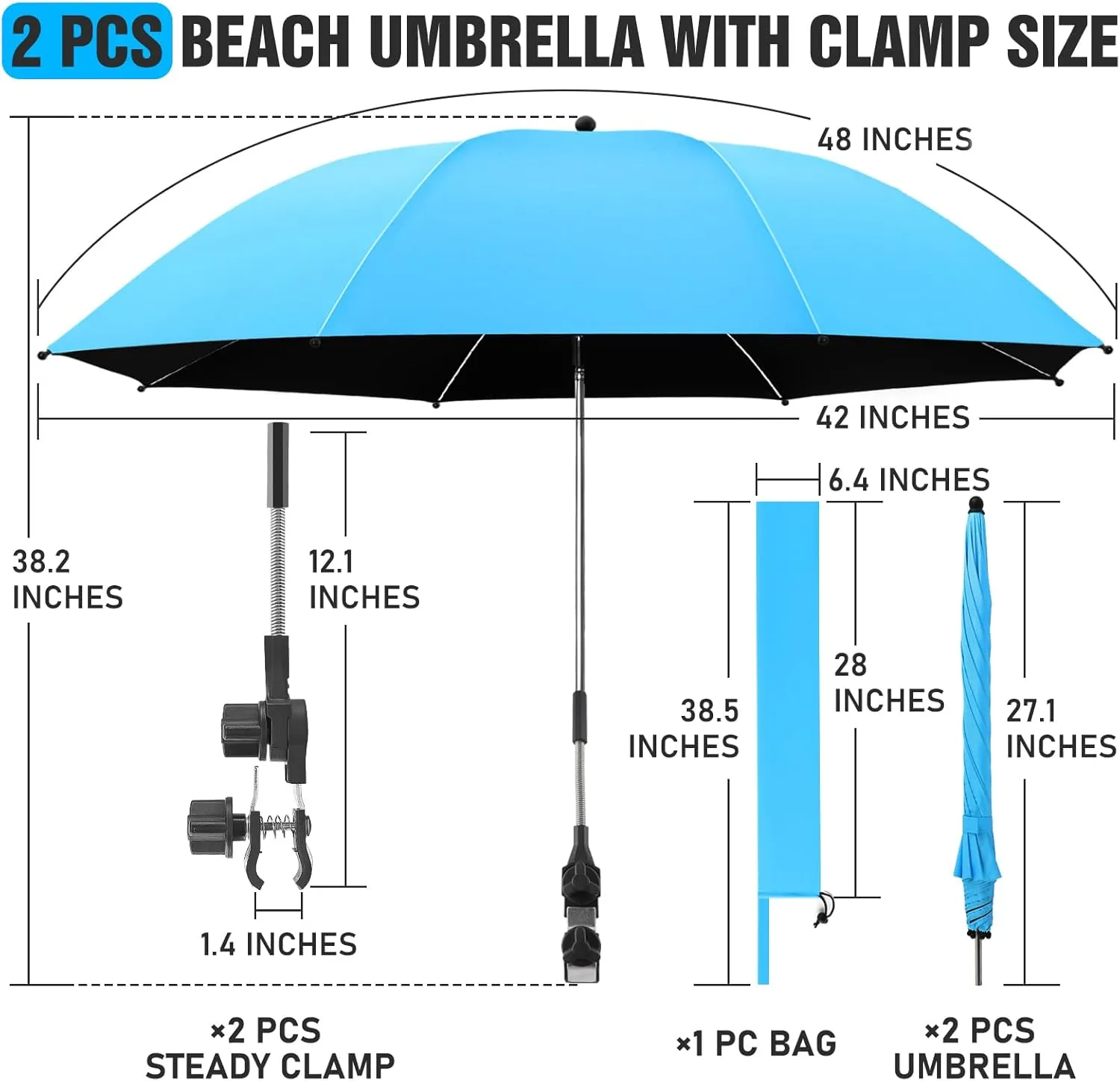 2 PACK Beach Umbrella with Clamp, 360 ° Adjustable Umbrellas for Chair, UPF50  Umbrella for Beach Chair, Patio Chair, Wheelchair, Camping Chair, Golf Carts (Chair Not Included)