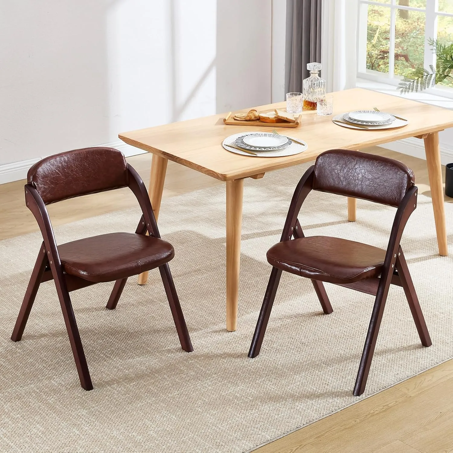 2-Pack Folding Chairs with Cushion, Leather Padded Foldable Dining Chairs, Portable Walnut Wooden Folding Chairs for Dining Rooms, Wedding Parties, Offices Indoor Outdoor Brown