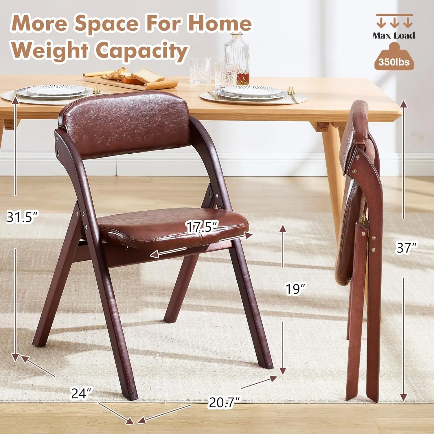2-Pack Folding Chairs with Cushion, Leather Padded Foldable Dining Chairs, Portable Walnut Wooden Folding Chairs for Dining Rooms, Wedding Parties, Offices Indoor Outdoor Brown