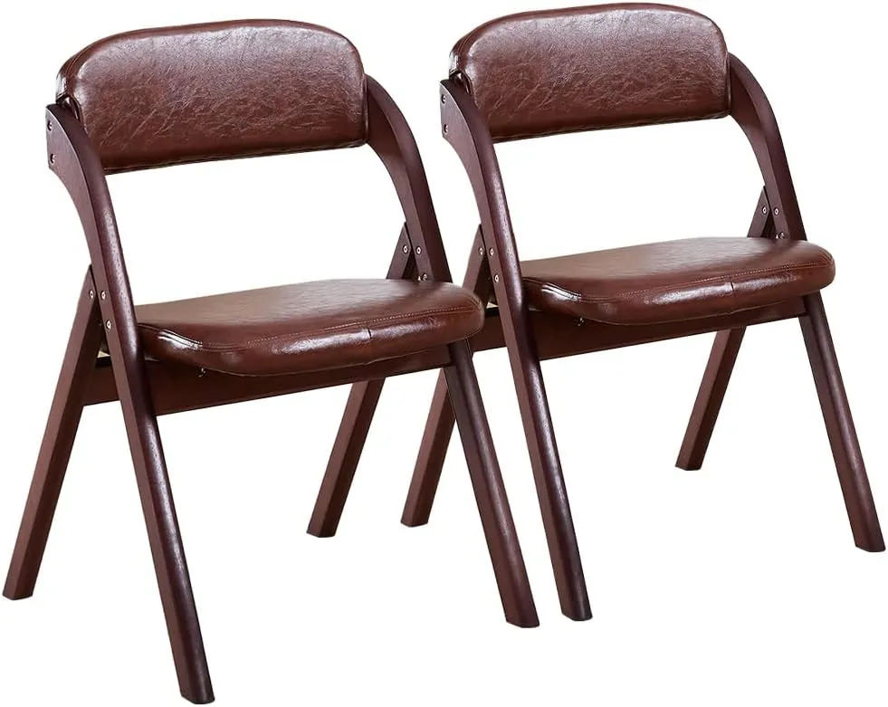2-Pack Folding Chairs with Cushion, Leather Padded Foldable Dining Chairs, Portable Walnut Wooden Folding Chairs for Dining Rooms, Wedding Parties, Offices Indoor Outdoor Brown