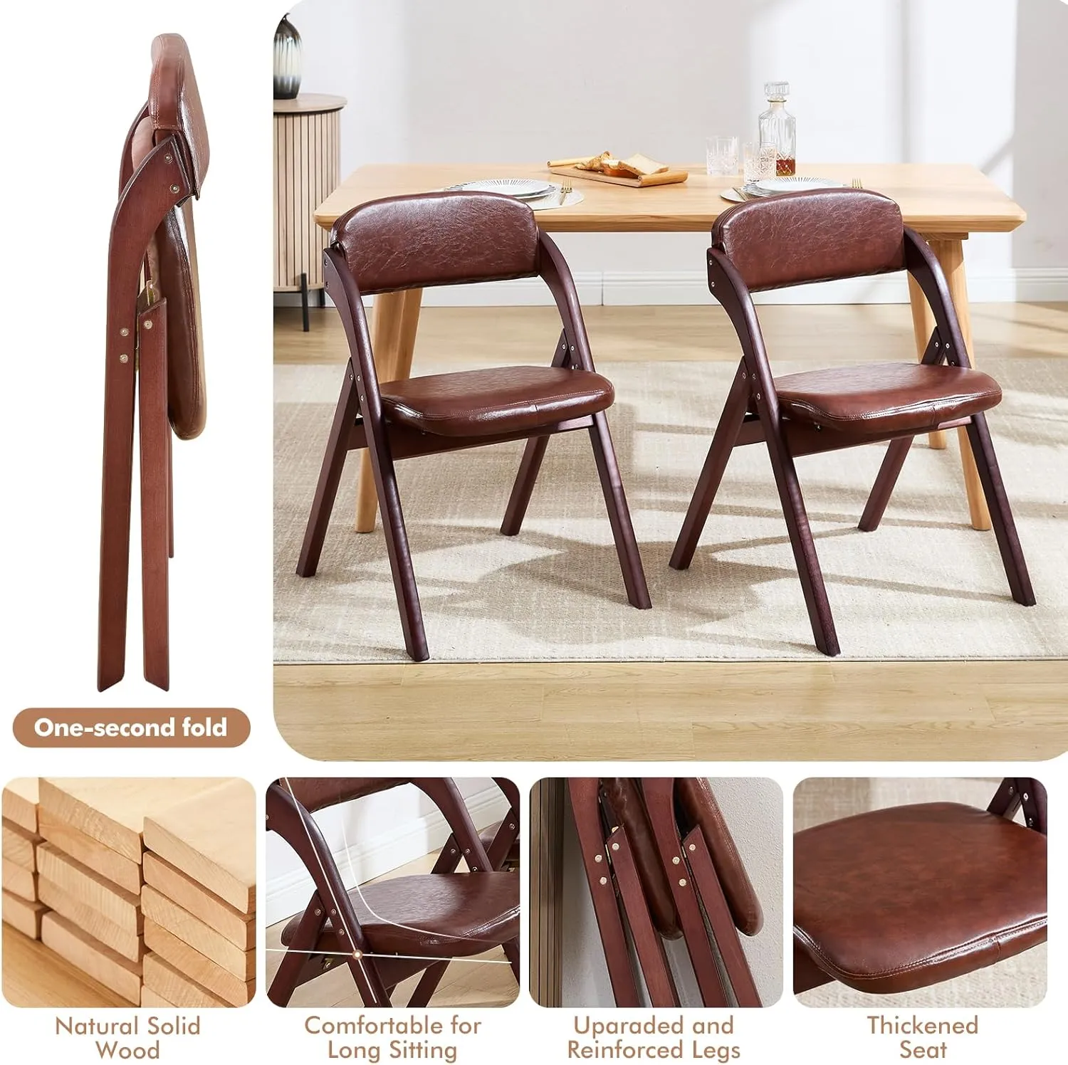 2-Pack Folding Chairs with Cushion, Leather Padded Foldable Dining Chairs, Portable Walnut Wooden Folding Chairs for Dining Rooms, Wedding Parties, Offices Indoor Outdoor Brown