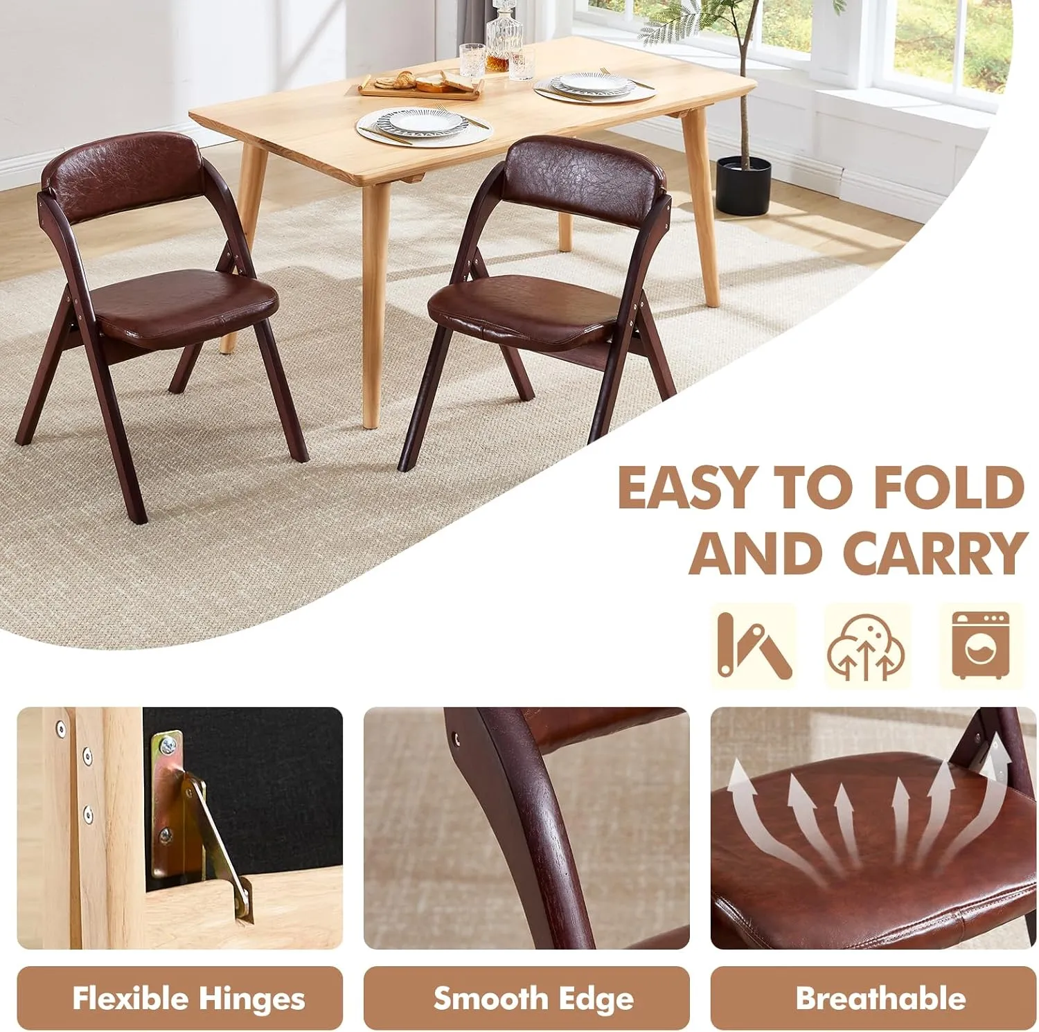 2-Pack Folding Chairs with Cushion, Leather Padded Foldable Dining Chairs, Portable Walnut Wooden Folding Chairs for Dining Rooms, Wedding Parties, Offices Indoor Outdoor Brown