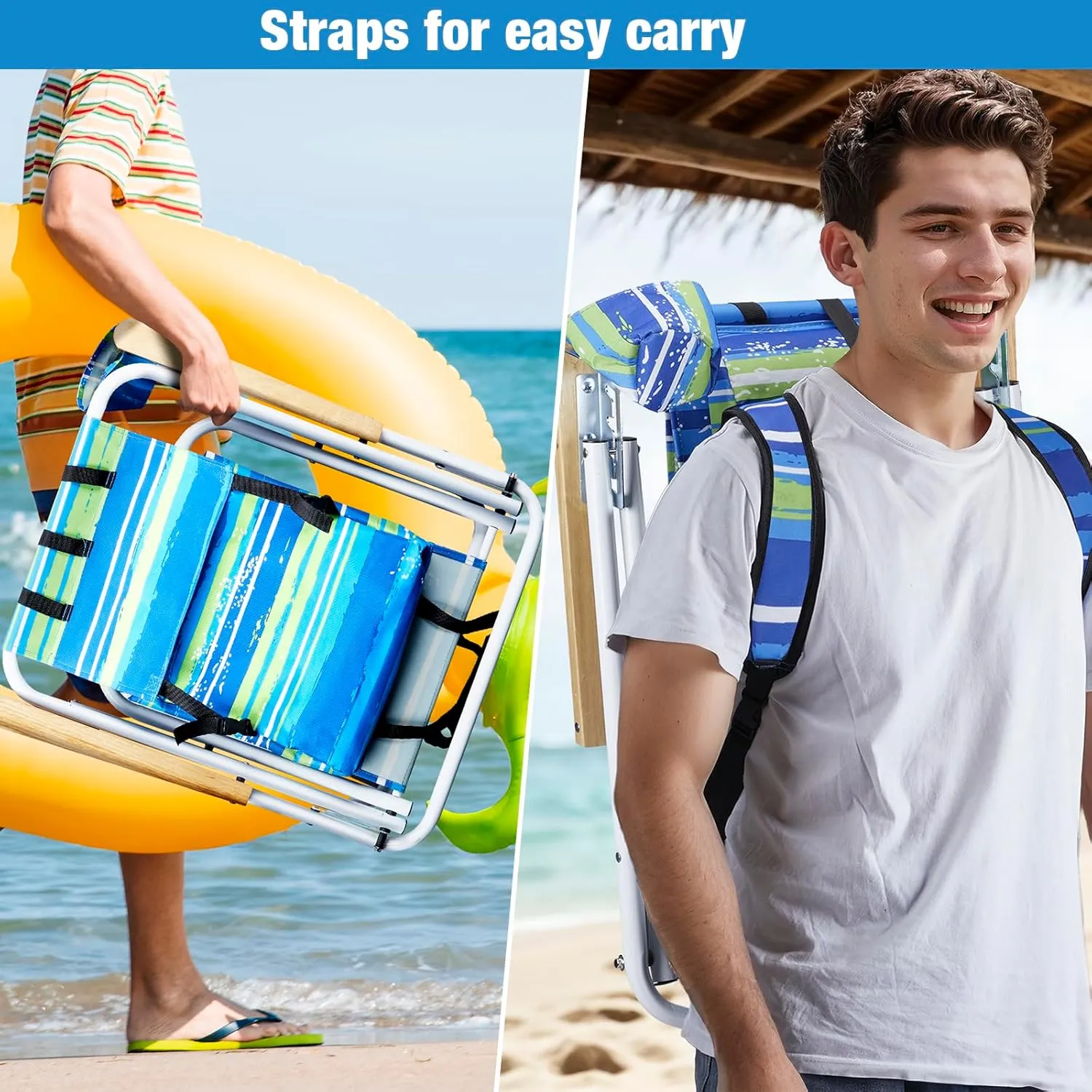 2 Pack Outdoor Beach Portable Lawn Chair,Portable Lightweight Folding Chair for Adults,Folding Beach Chair,Portable Backpack Foldable Camping Chair,with Cup Holder,for Patio Pool Yard Garden (Blue)