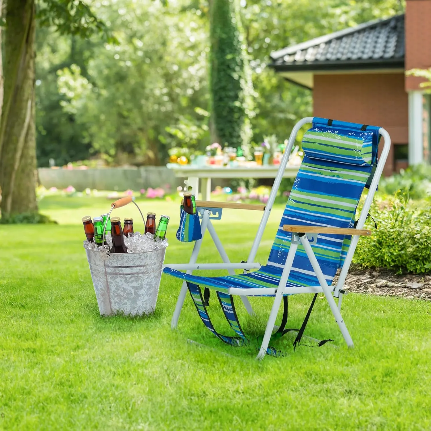 2 Pack Outdoor Beach Portable Lawn Chair,Portable Lightweight Folding Chair for Adults,Folding Beach Chair,Portable Backpack Foldable Camping Chair,with Cup Holder,for Patio Pool Yard Garden (Blue)