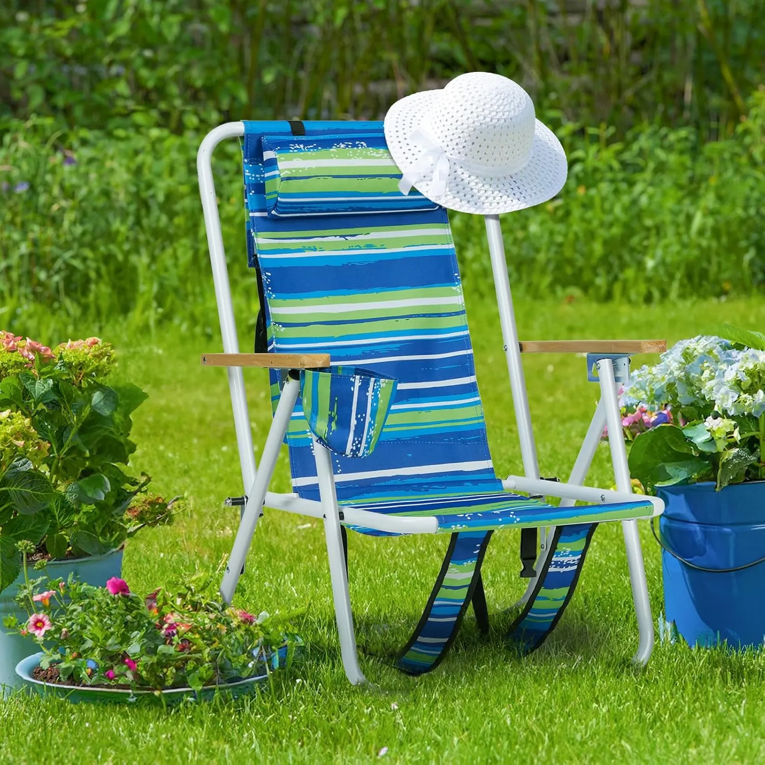 2 Pack Outdoor Beach Portable Lawn Chair,Portable Lightweight Folding Chair for Adults,Folding Beach Chair,Portable Backpack Foldable Camping Chair,with Cup Holder,for Patio Pool Yard Garden (Blue)
