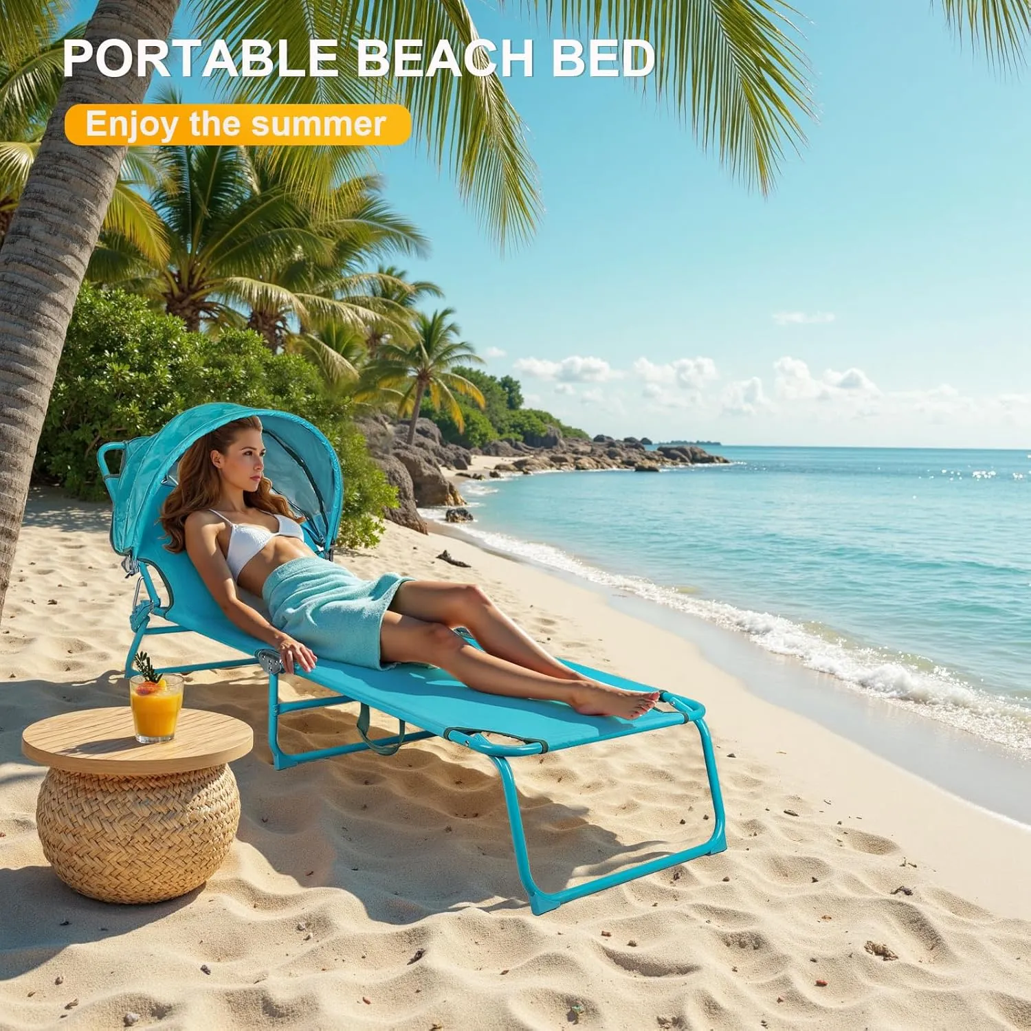 2 Pack Outdoor Lounge Chair, Tanning Chair with Sunshade Roof, Adjustable Backrest Folding Chaise Lounge, Reclining Beach Bed for Beach, Camping, Hiking -Blue