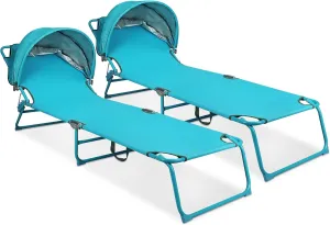 2 Pack Outdoor Lounge Chair, Tanning Chair with Sunshade Roof, Adjustable Backrest Folding Chaise Lounge, Reclining Beach Bed for Beach, Camping, Hiking -Blue