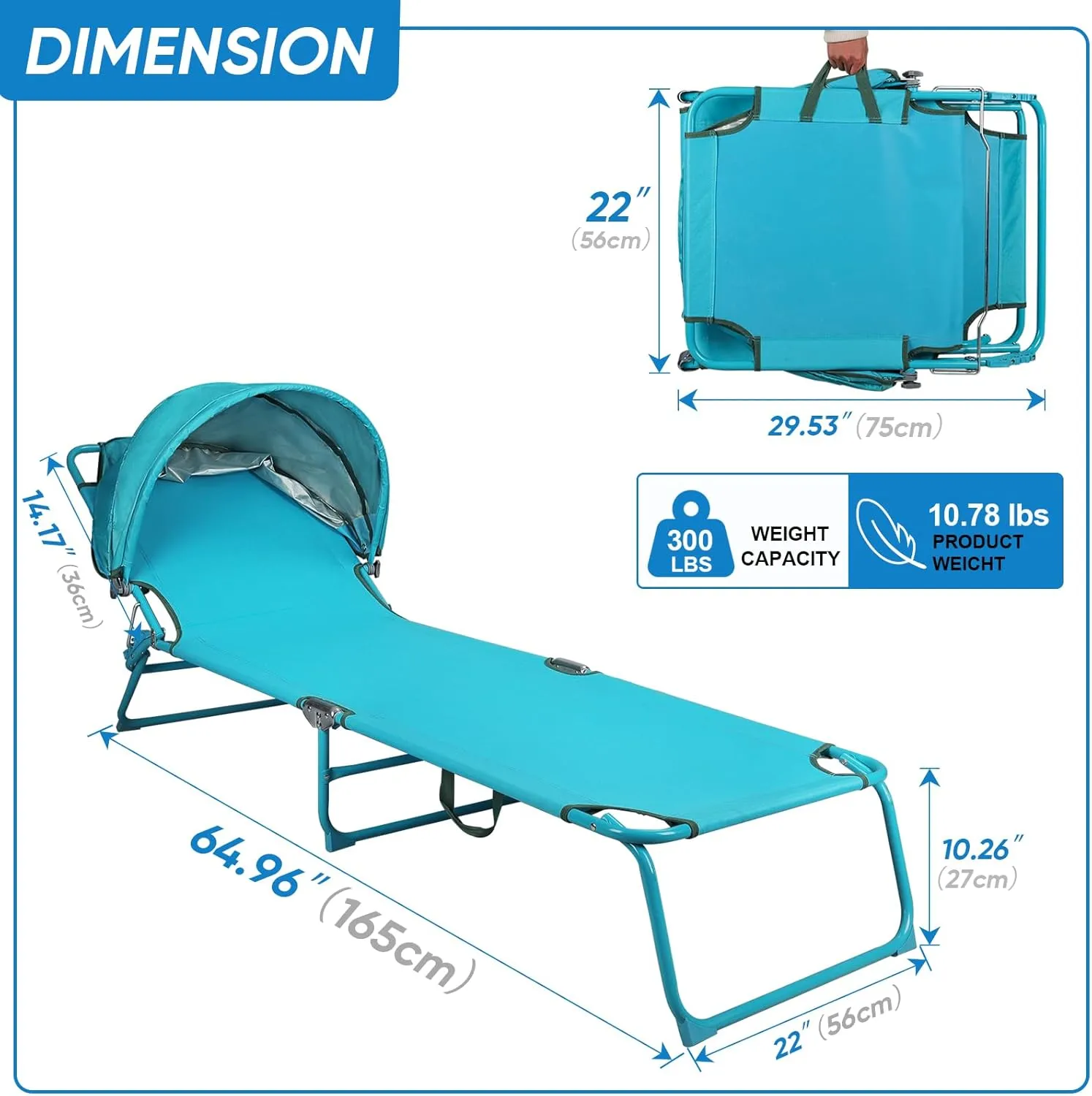 2 Pack Outdoor Lounge Chair, Tanning Chair with Sunshade Roof, Adjustable Backrest Folding Chaise Lounge, Reclining Beach Bed for Beach, Camping, Hiking -Blue