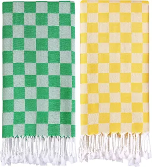 2 Packs Checkered Plaid Turkish Beach Towel Beach Blanket Sandproof Fast Drying Extra Large Match Tote Bag Lounge Chair Umbrella Tent Dress Toy Canopy Outfits Cart Sandal Shoes Games Shirts Pants