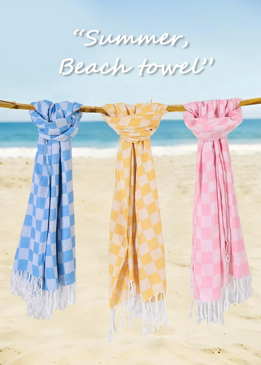 2 Packs Checkered Plaid Turkish Beach Towel Beach Blanket Sandproof Fast Drying Extra Large Match Tote Bag Lounge Chair Umbrella Tent Dress Toy Canopy Outfits Cart Sandal Shoes Games Shirts Pants