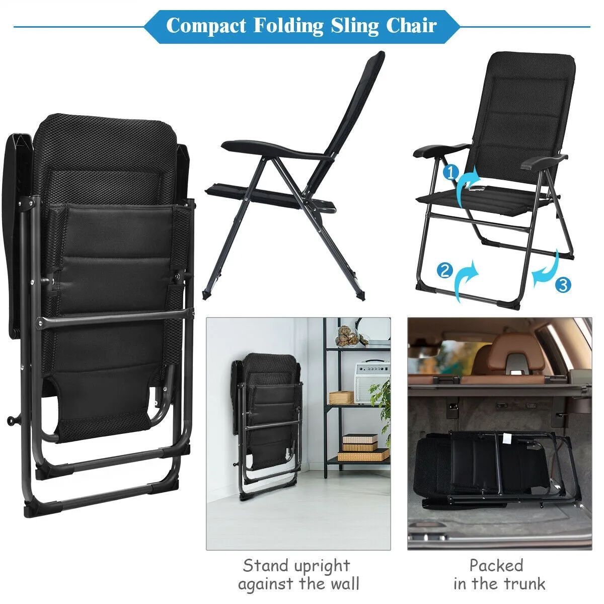 2 Pcs Folding Patio Chairs with Adjustable Backrest