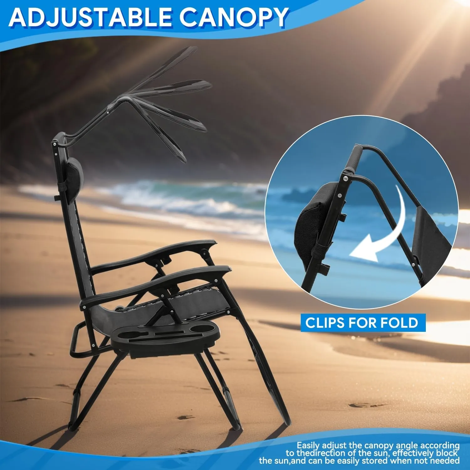 2 pcs Zero Gravity Chairs Lounge Chairs with Adjustable Sunshade Canopy, Cup Holder Tray & Foldable Design for Patio, Beach & Camping, CAAP-BCC-B2P-BK