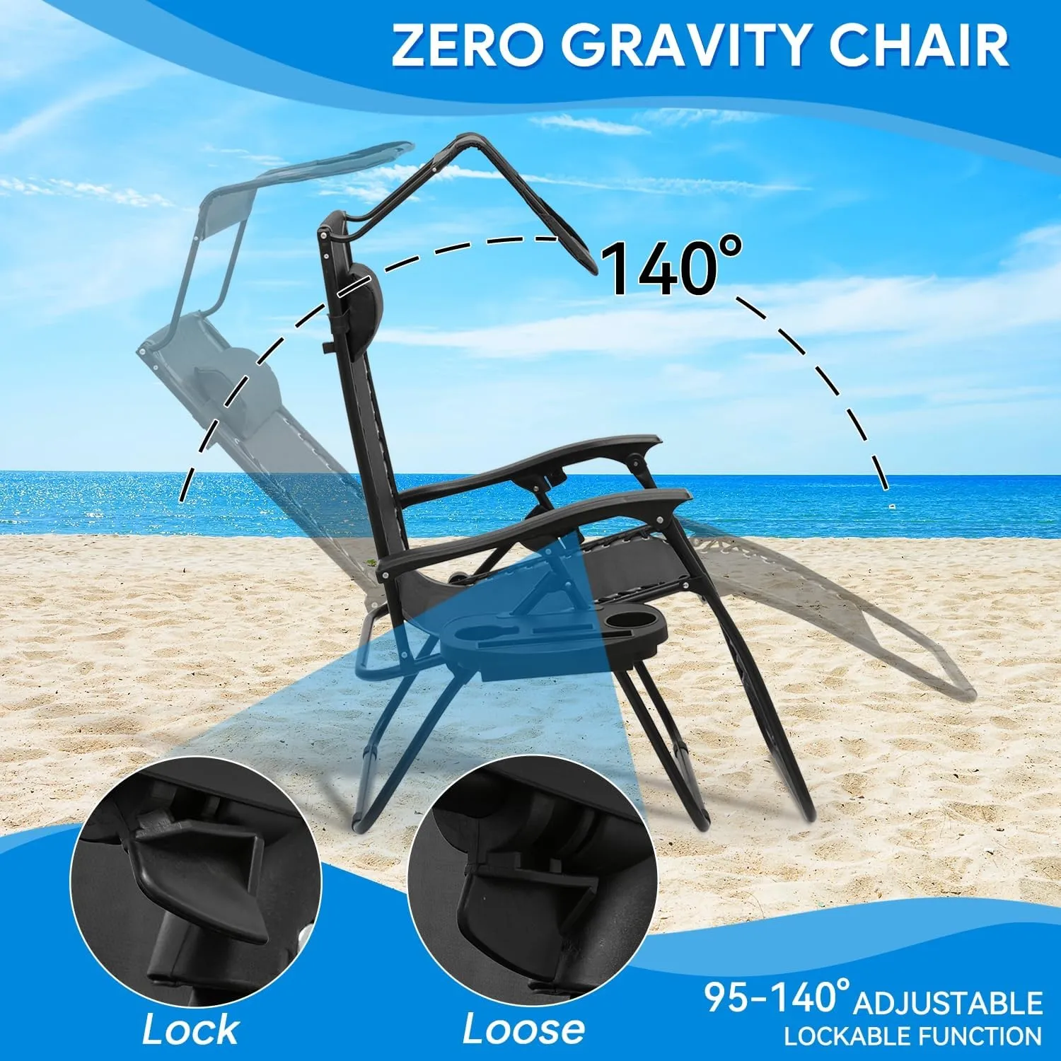 2 pcs Zero Gravity Chairs Lounge Chairs with Adjustable Sunshade Canopy, Cup Holder Tray & Foldable Design for Patio, Beach & Camping, CAAP-BCC-B2P-BK