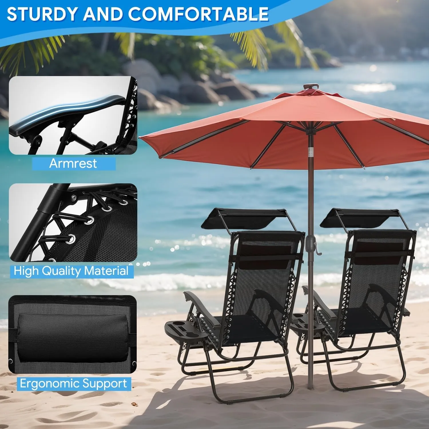 2 pcs Zero Gravity Chairs Lounge Chairs with Adjustable Sunshade Canopy, Cup Holder Tray & Foldable Design for Patio, Beach & Camping, CAAP-BCC-B2P-BK