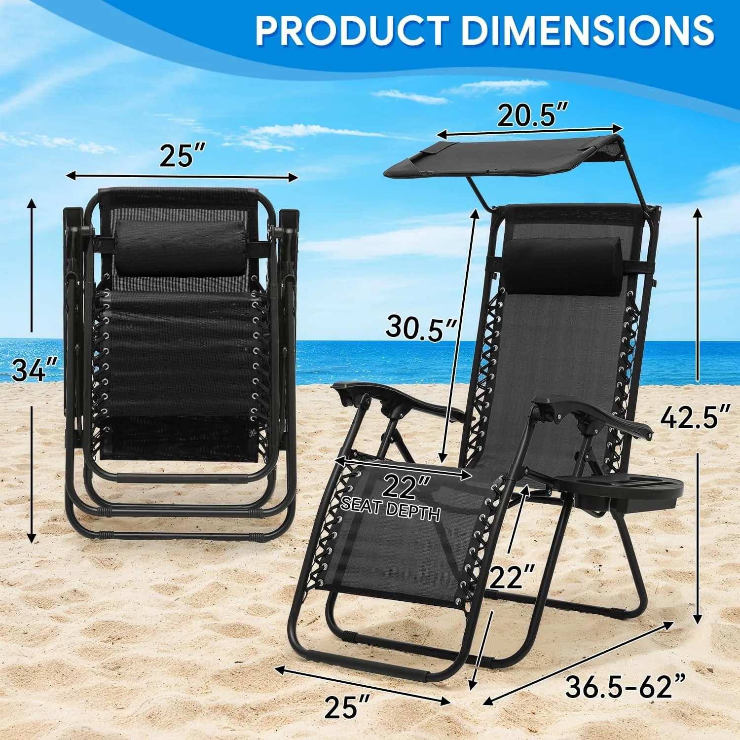 2 pcs Zero Gravity Chairs Lounge Chairs with Adjustable Sunshade Canopy, Cup Holder Tray & Foldable Design for Patio, Beach & Camping, CAAP-BCC-B2P-BK