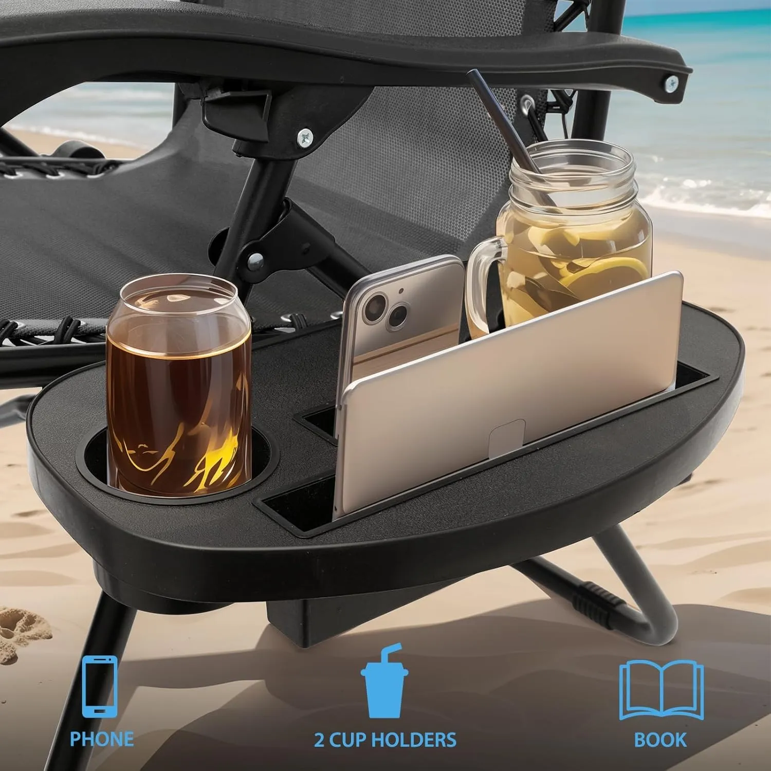 2 pcs Zero Gravity Chairs Lounge Chairs with Adjustable Sunshade Canopy, Cup Holder Tray & Foldable Design for Patio, Beach & Camping, CAAP-BCC-B2P-BK