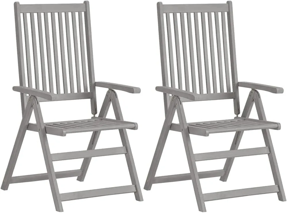 2-Piece Gray Solid Acacia Wood Folding Patio Chairs, Reclining Outdoor Lounge Chairs with 5 Adjustable Positions, Weather-Resistant for Backyard, Poolside, Camping
