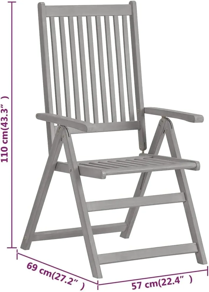 2-Piece Gray Solid Acacia Wood Folding Patio Chairs, Reclining Outdoor Lounge Chairs with 5 Adjustable Positions, Weather-Resistant for Backyard, Poolside, Camping