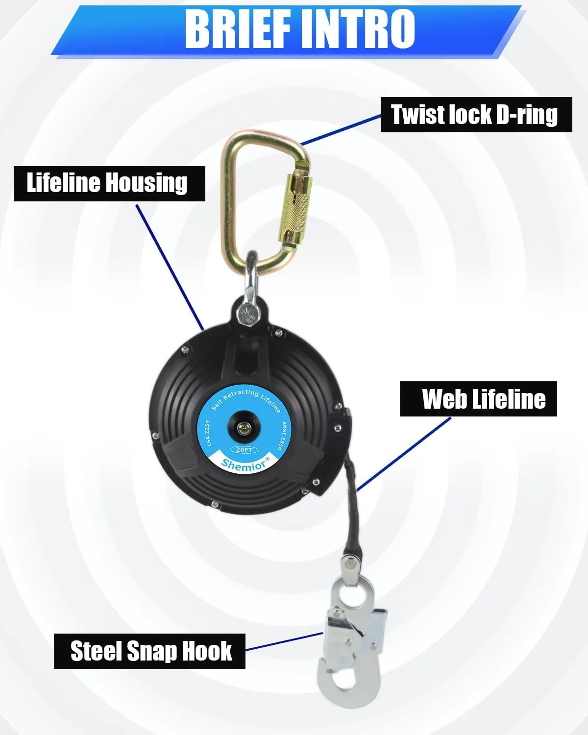 20FT Shemior Web Self Retracting Lifeline, No Tangle Lightweight Housing SRL, Self Retractable Safety Lanyard, Fall Arrest Protection PPE Gear for Roofing Construction, OSHA/ANSI Compliant