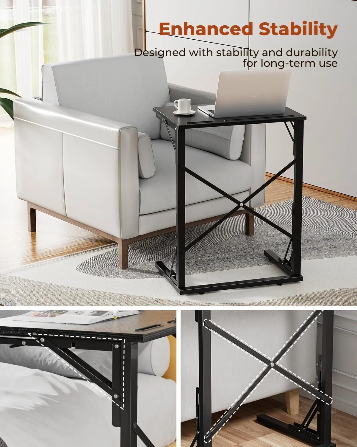 21''Wx28''H Folding TV Tray, Small Foldable C-Shaped End Table for Eating with Tablet and Phone Slots, Slide Under Couch Side Table for Recliner, Living Room, Bedroom, Black