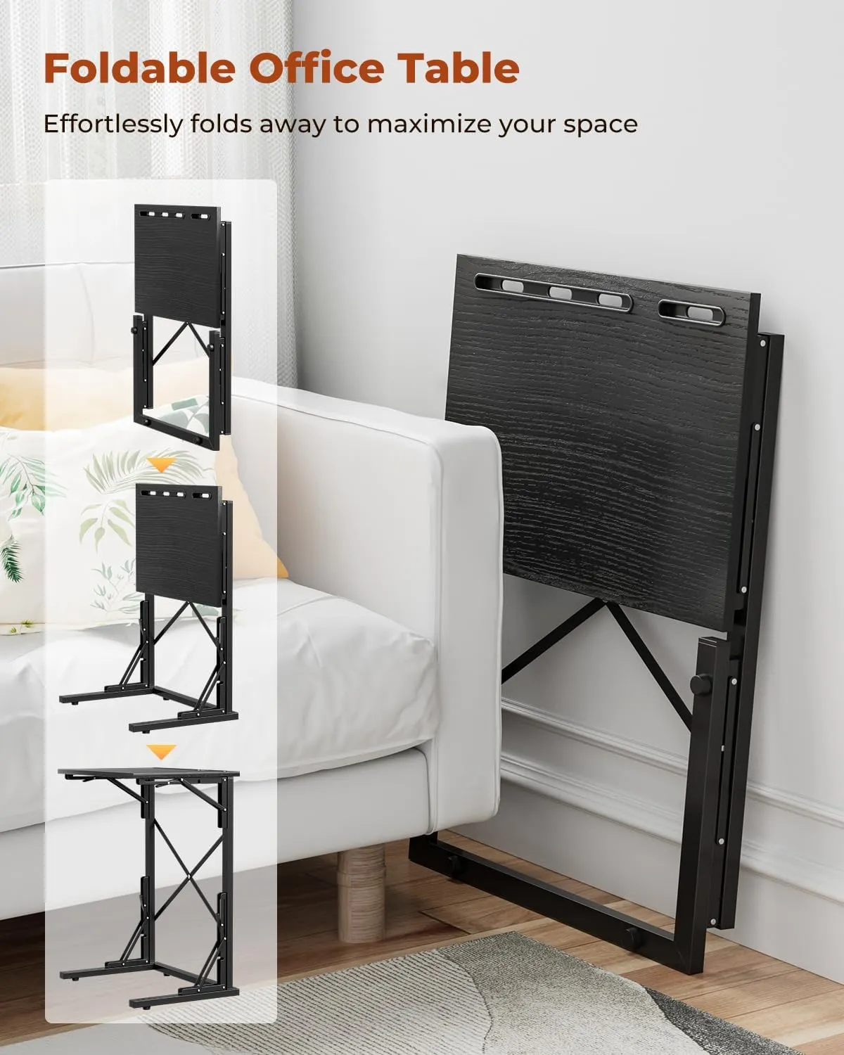 21''Wx28''H Folding TV Tray, Small Foldable C-Shaped End Table for Eating with Tablet and Phone Slots, Slide Under Couch Side Table for Recliner, Living Room, Bedroom, Black