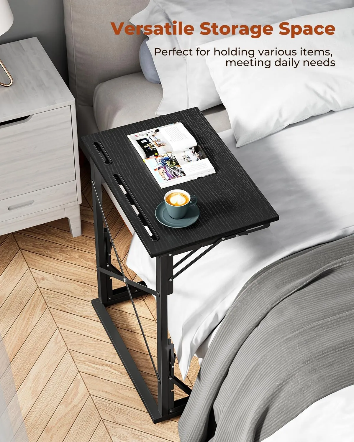 21''Wx28''H Folding TV Tray, Small Foldable C-Shaped End Table for Eating with Tablet and Phone Slots, Slide Under Couch Side Table for Recliner, Living Room, Bedroom, Black